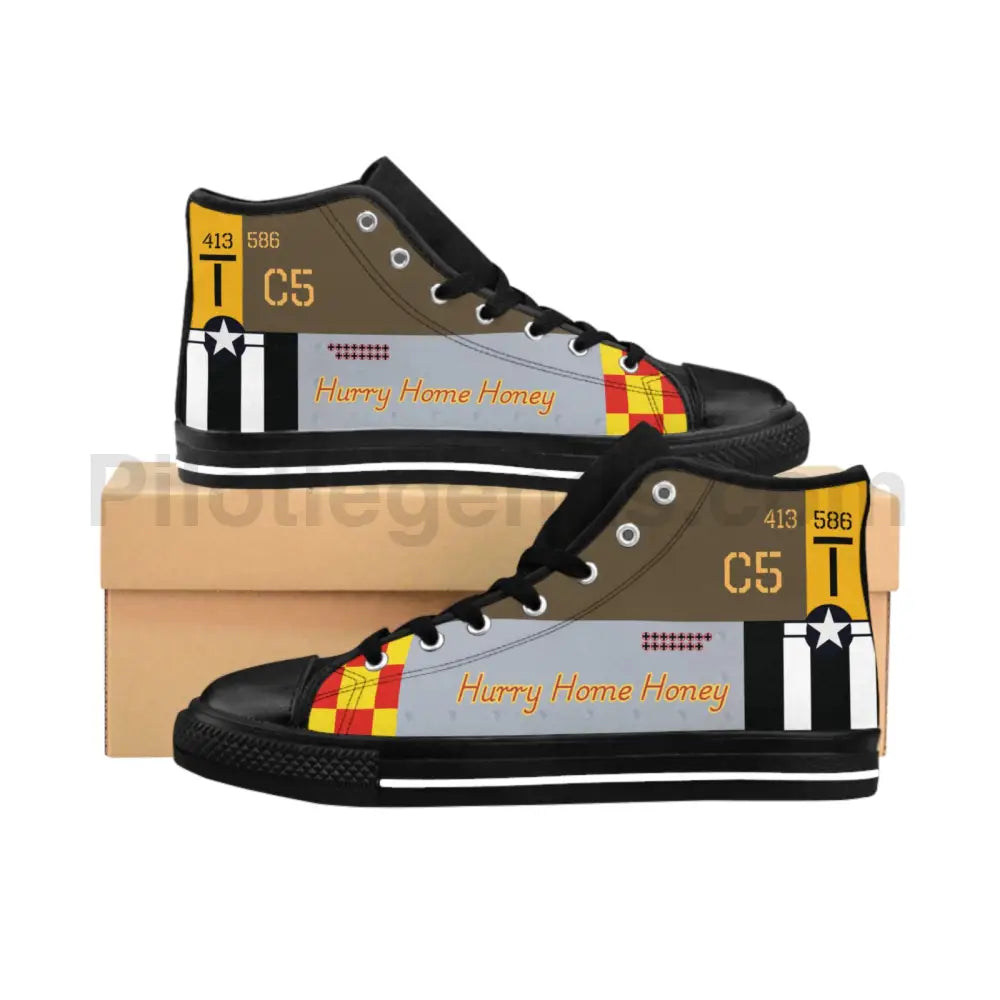 P-51 Hurry Home Wwii Nose Art Men’s Classic High Top Sneakers Us 9 / Black Sole Shoes