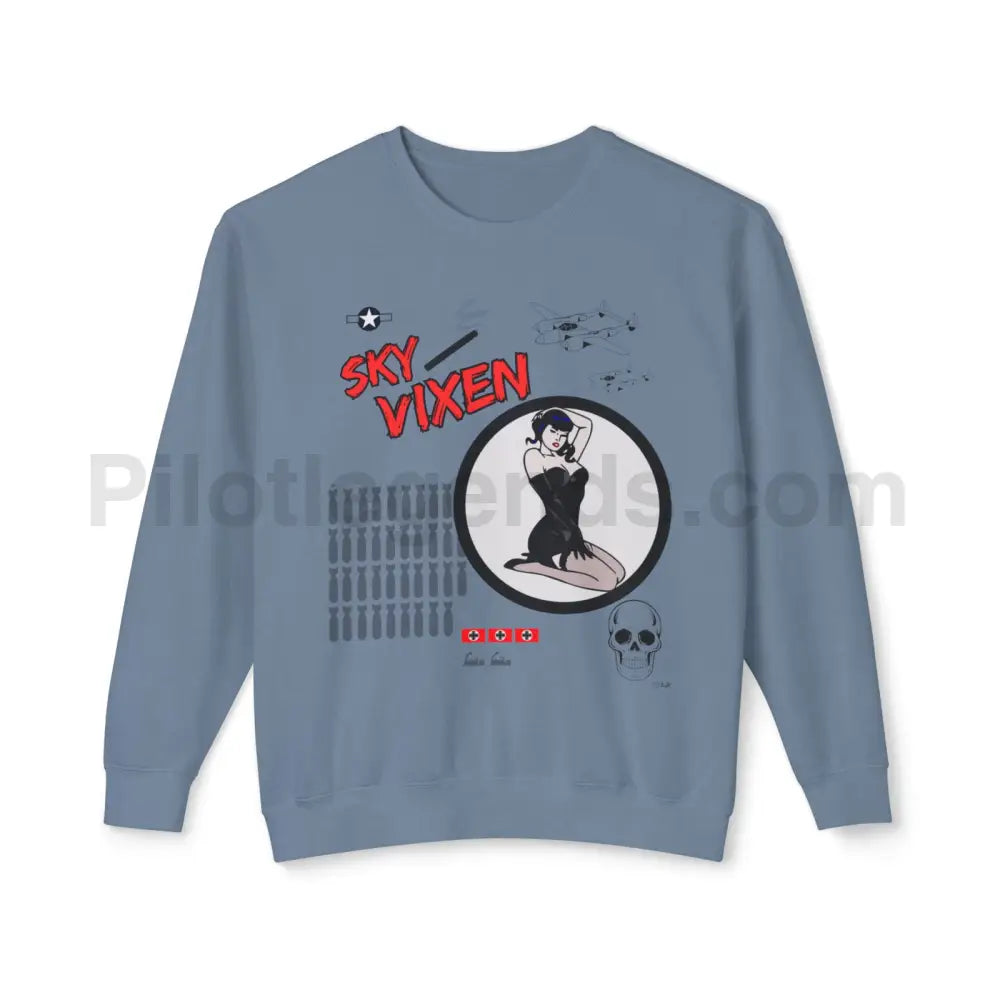 Sky Vixen Wwii Nose Art Unisex Lightweight Crewneck Sweatshirt Blue Jean / S